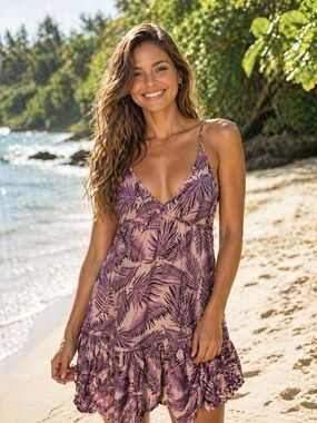 Maaji Large Tropical Palm Print Ruffle Mini Dress Boho Beachy Viscose
